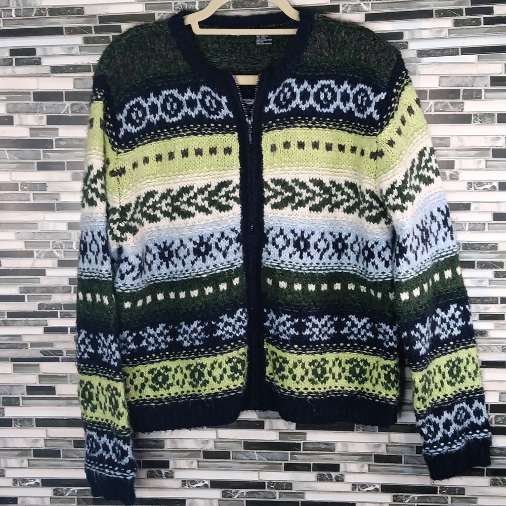 Langents Vintage Green/Blue Patterned Zip-Up Sweater L Wool Blend Cozy